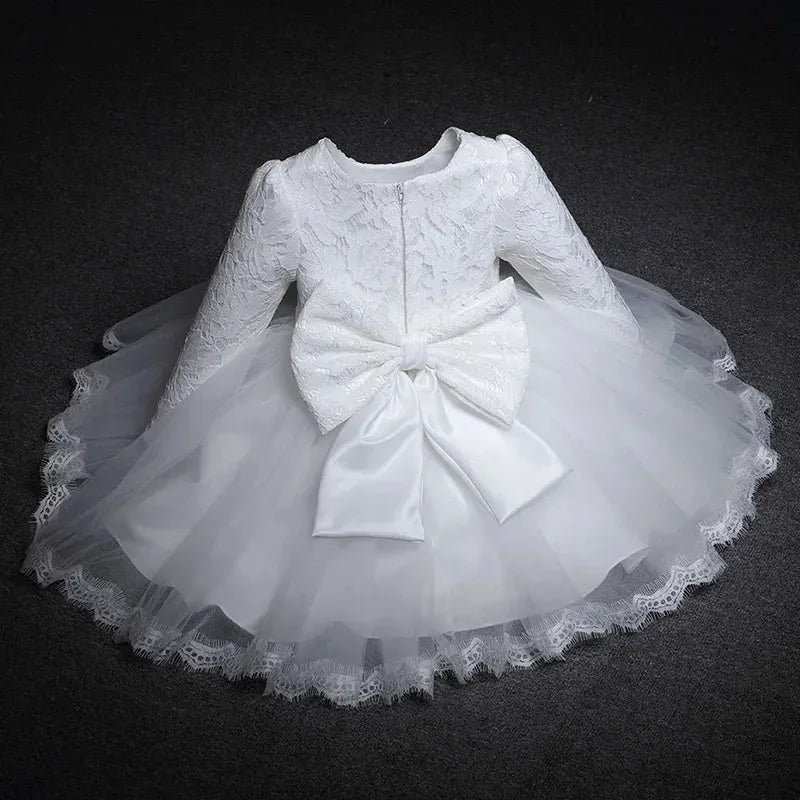 Baby Girls Long Sleeve Dresses for Xmas Party Wedding Lace Big Bow Dresses Infant Girl 1st Birthday Princess White Baptism Dress C174-B