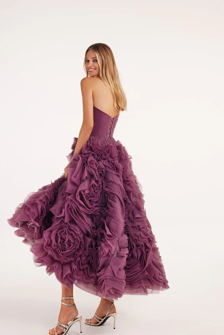 Vestidos elegantes de pântano roxo tule baile de baile de tule mangas sem mangas