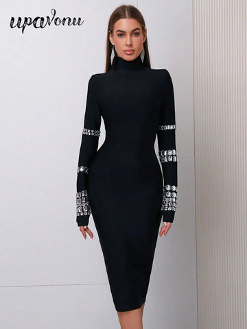 2025 Elegant Women's Bead Design Bandage Dress High Neck Long Sleeve Bodycon Flute Dress Cocktail Evening Party Vestidos