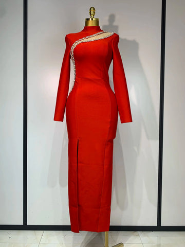 Sparkly Rhinestone Long Sleeve Red Bodycon Bandage Dress Women Wedding Evening Club Party Prom Gowns Luxury Birthday Dresses
