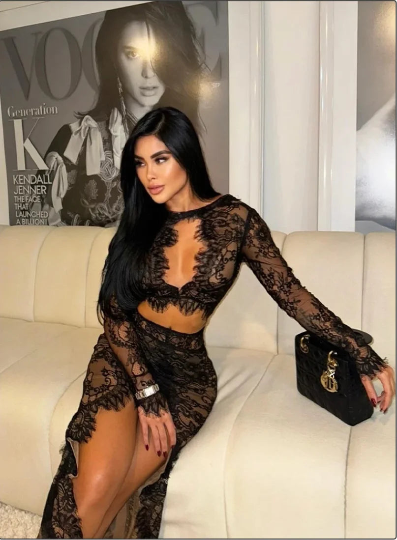 Women Long Sleeve Sexy Lace Fashion Keyhole Bodycon Long Maxi Dress Celebrate Nightclub Party Birthday Outfit