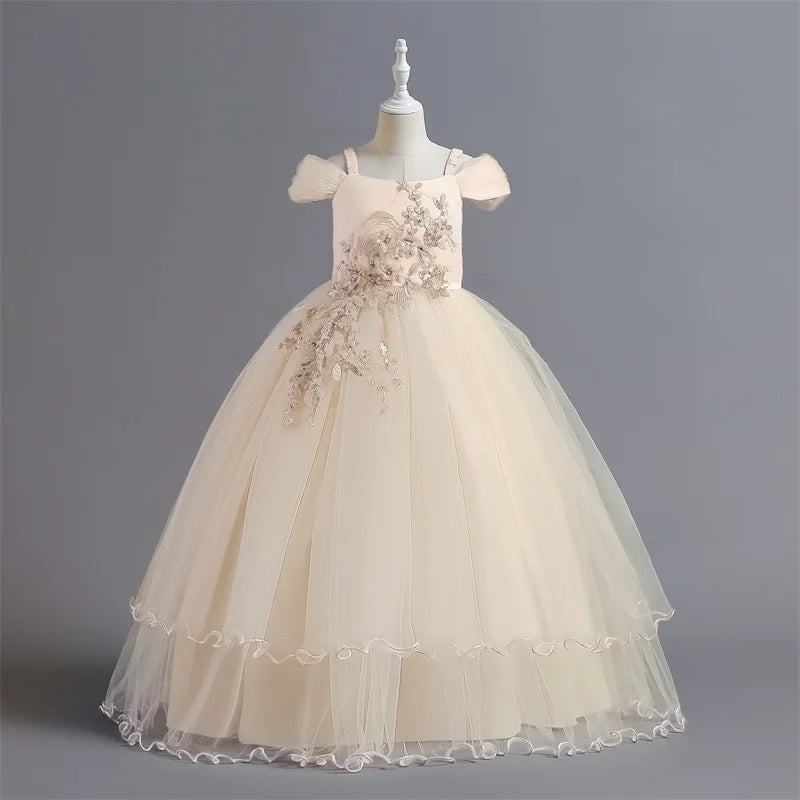 Kinderkleid für Hochzeit, Abschlussball, formelle Anlässe, Abendkleid, Hosenträger, schulterfrei, Blume, elegantes Partykleid für Teenager-Mädchen, langes Kleid für 12 bis 14 Jahre 