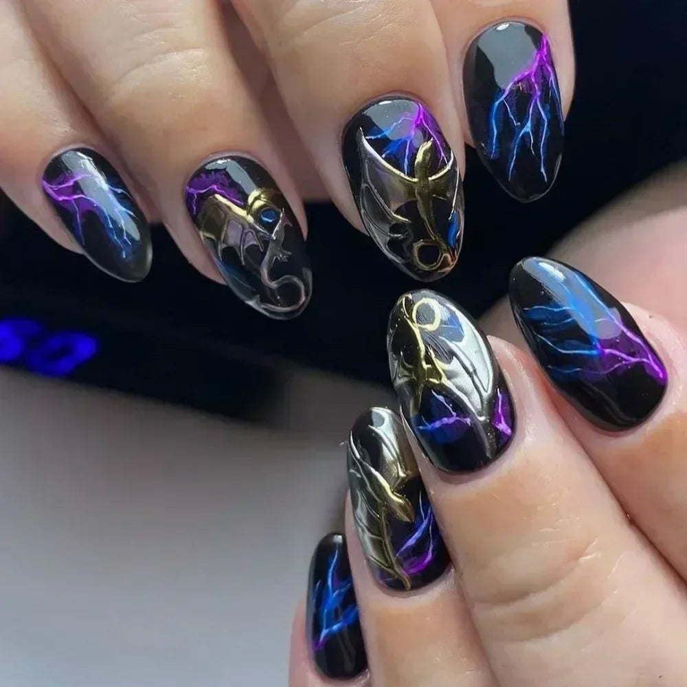 24Pcs Purple Heart Almond False Nails Artificial Simple with Glue French Wearable Fake Nails Full Cover Press on Nails Tips Art