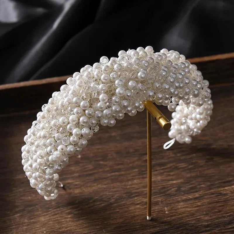 Luxury White Full Pearl Crystal Headband Tiara Hairband Handmade Bridal Wedding Hair Accessories Vine Headband For Bride Women