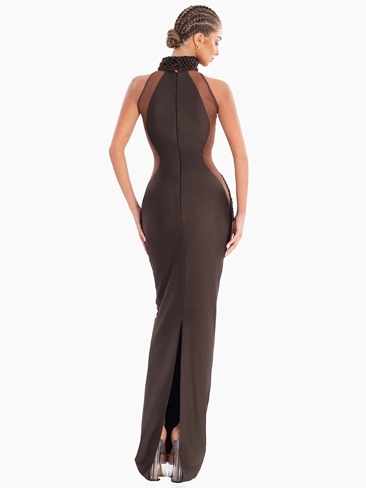 VC Chic Brown Sheer Side Mesh-Paneled Sleeveless Maxi Dress with Braided Details for Party Evening Gown