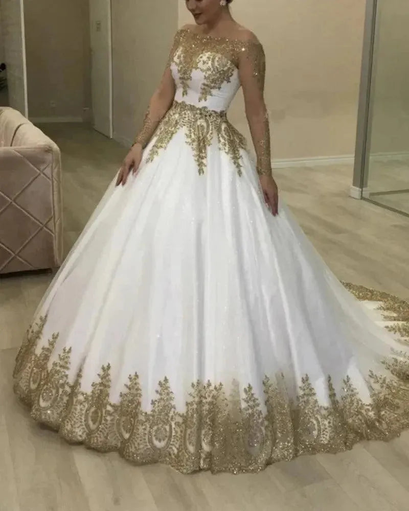 Muslim Gold Lace Wedding Dresses For Bride Off Shoulder Long Sleeves Ball Gown Dubai Saudi Arabia Bridal Gown With Applique White