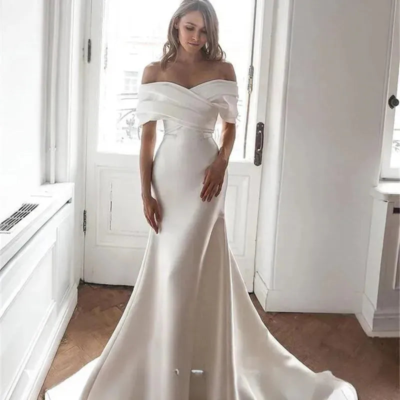 Charming Off-the-Shoulder Satin Mermaid Wedding Dresses Mermaid Sleeves Court Train Customize To Measures Robe De Mariee champagne Satin