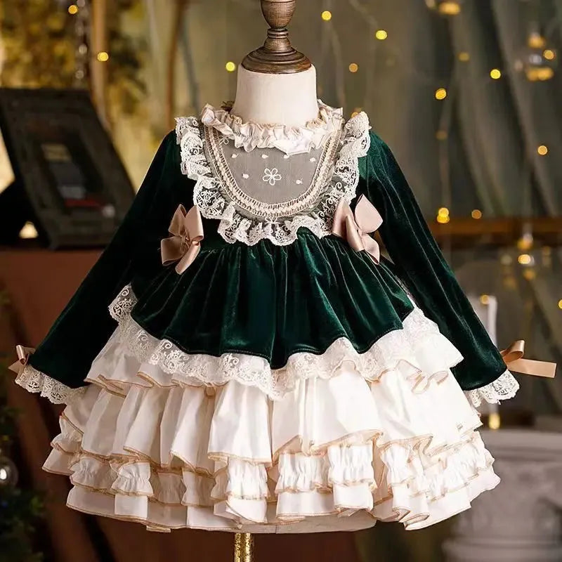 Baby Girl Velvet Lace Lolita Princess Dress Infant Toddler Child Vintage Elegant Bow Tutu Vestido Christmas Baby Clothes 1-12Y green