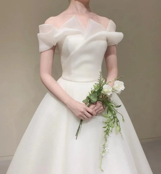 Elegant Design Ivory Wedding Jurk Off-Shoulder V-Neck vloer Lengte Korte mouwen Organza 웨딩드레스 A-lijn Backless Koreaans Koreaans