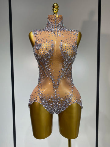 Women Sexy See Through Crystal Bodysuits Luxury Birthday Dancer Stage Performance Wear Mesh Sparkly Rhinestone Nightclub Outfit