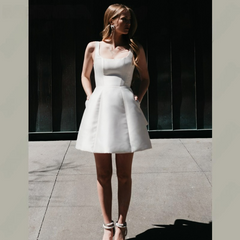 Short Mini Satin Wedding Dress Square Collar Removable Bow Robe De Mariee Spaghetti Straps Backless A-line Bride Party