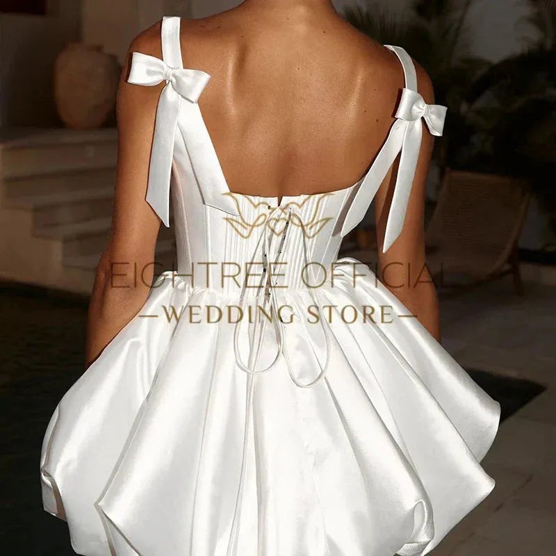 Simple Mini Wedding Dresses White Sleeveless Short Satin Bow Wedding Gowns Boho Beach Bridal Prom Dress Customized
