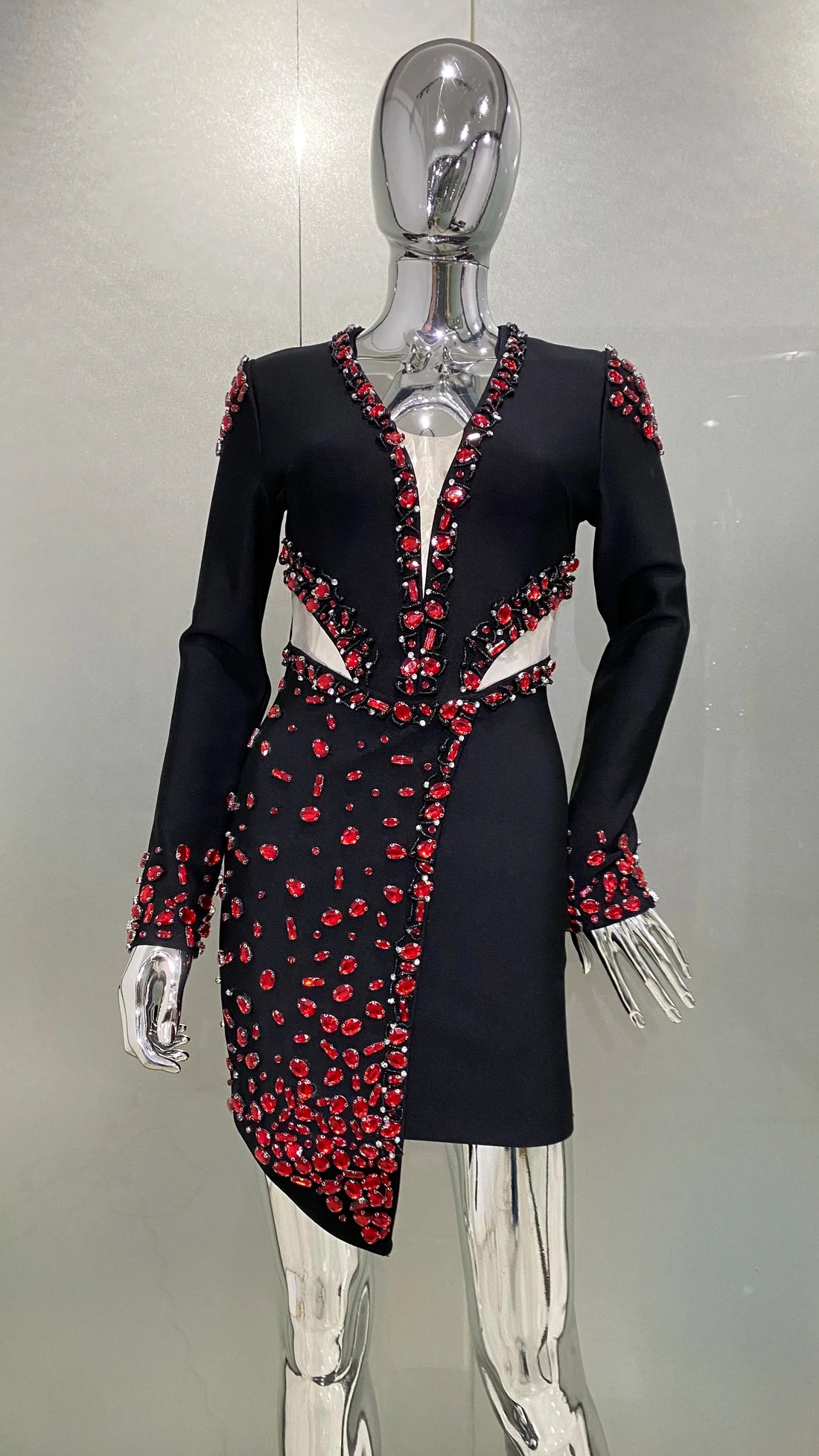 STOCK Red Diamonds Beading Sexy Hollow Out Black Mini Bandage Dress Luxury Woman Evening Party Dress Birthday Party Outfit