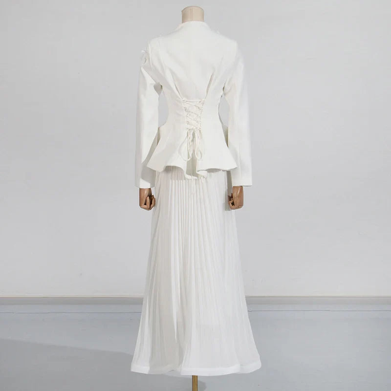 Solid Two Piece Sets for Women V Neck Ling Sleeves Spliced Applique Top High Waist Patchwork Folds Skirt Set Female