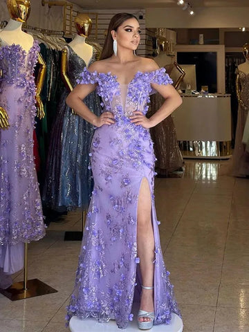 Mermaid Wedding Dress 3Light Purple Beach Bride Dresses Backless Off The Shoulder Wedding Gowns Side Split Bridal Gowns As Picture