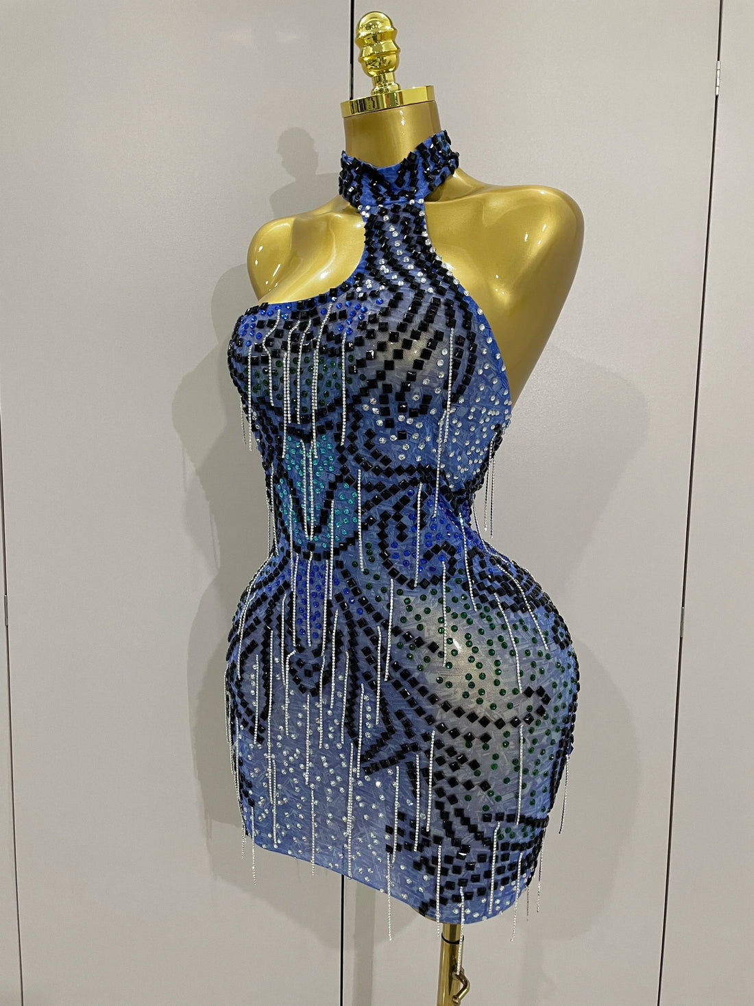 Sexy Sparkly Rhinestones Chains Blue Mesh Short Dress  New Women Party Celebrate Birthday Dresses Photo Shoot Stage Wear