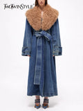Colorblock Patchwork Lace Up Denim Coat For Women Fur Collar Long Sleeve Loose Casual Trench Female Fashion Style
