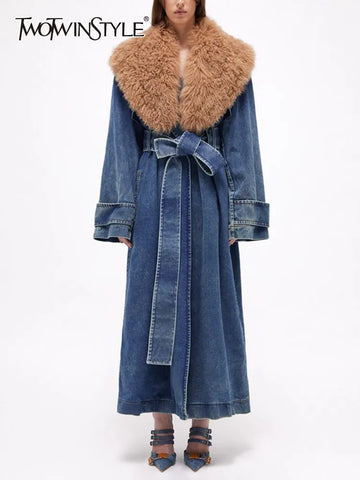 Colorblock Patchwork Lace Up Denim Coat For Women Fur Collar Long Sleeve Loose Casual Trench Female Fashion Style