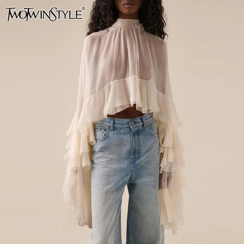 Solid Loose Sheer Blouses for Women High Neck Long Sleeves Patchwork Ruffles Folds Elegant Blouse Female Clothing