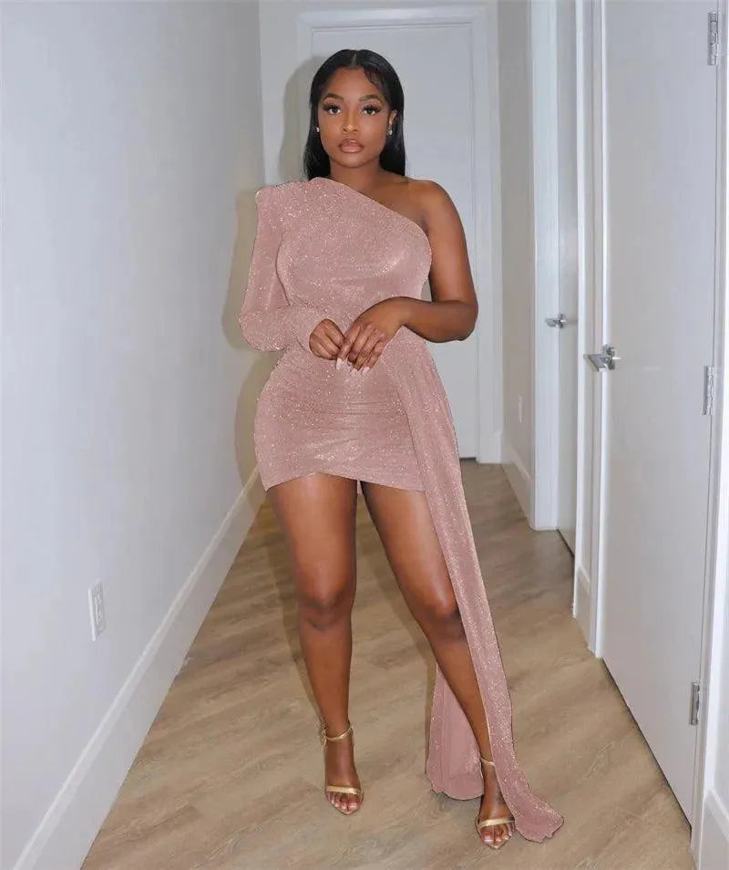 Sexy Glitter One Shoulder Party Dresses Women Elegant Ruched Sheath Night Club Bodycon Dress Celebrity Birthday Mini Dress Robes