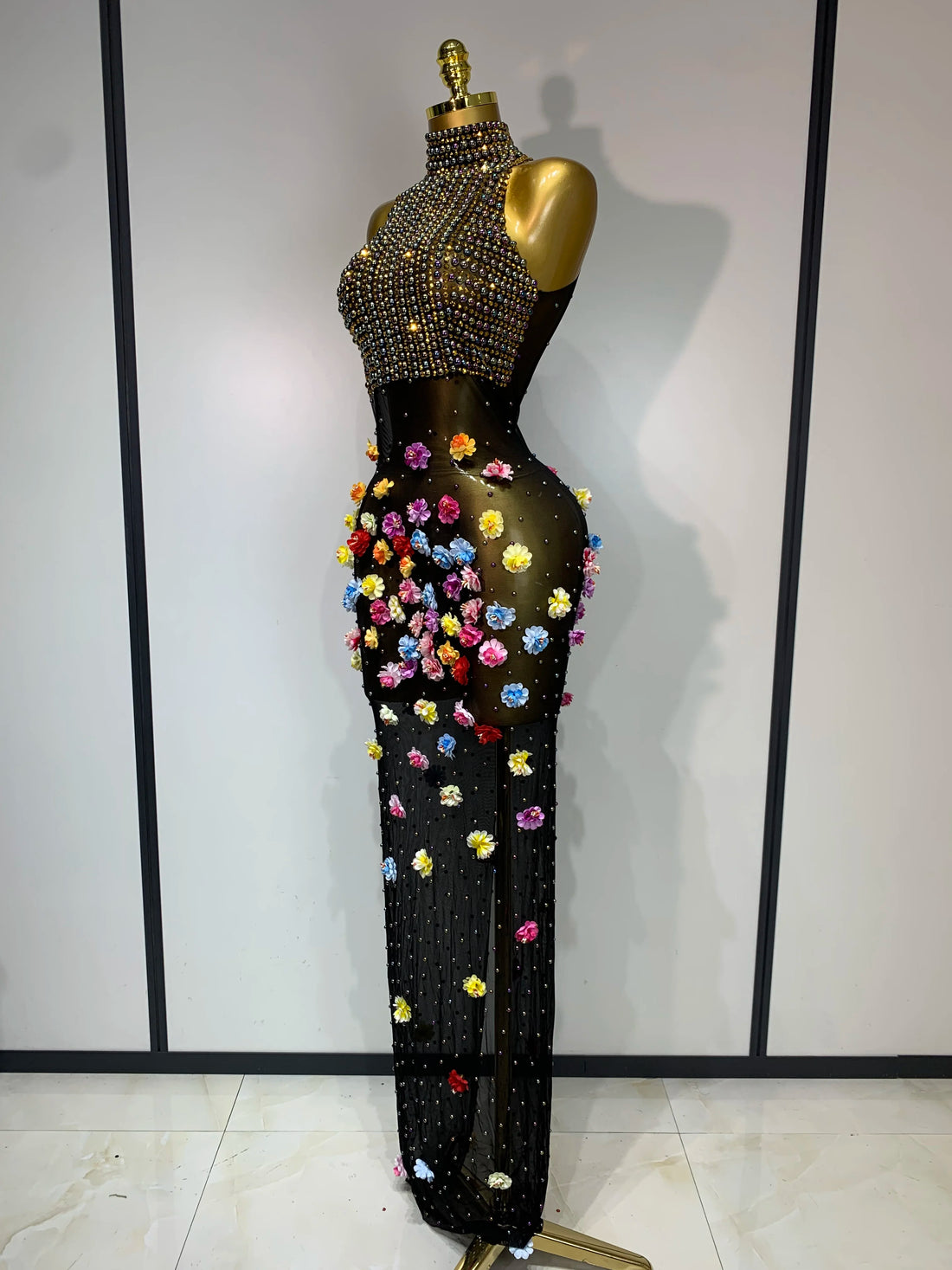 Luxury Rhinestones Flowers Sexy See Through Long Dress 2025 Elegant Evening Party Birthday Wedding Guest Dress Club Stage Outfit