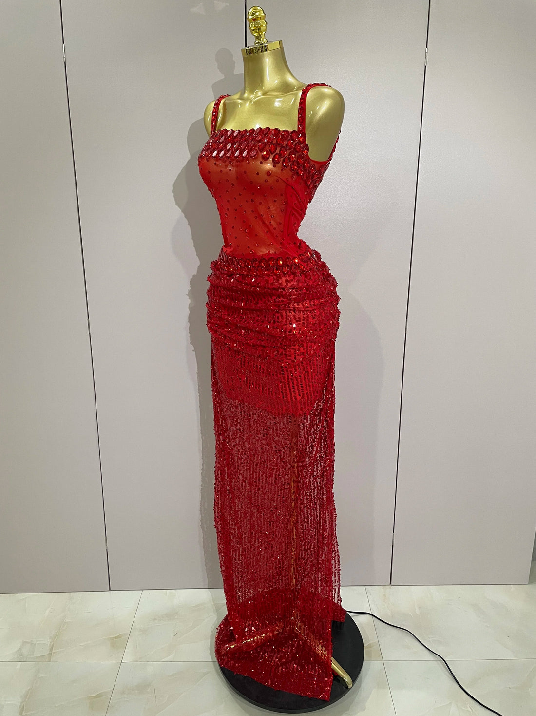 Sparkly Red Rhinestones Sequins Sexy See Through 2PCS Long Dress 2025Women Celebrate Evening Birthday Party Dress Stage Costumes