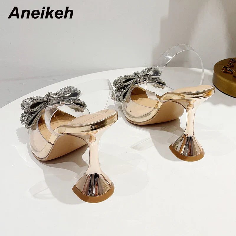 Aneikeh 2023 Summer Women Fashion Shoe Sexy High Heel Ankle Slingbacks Buckle Strap Pointed Toe Butterfly-Knot Decoration Pumps