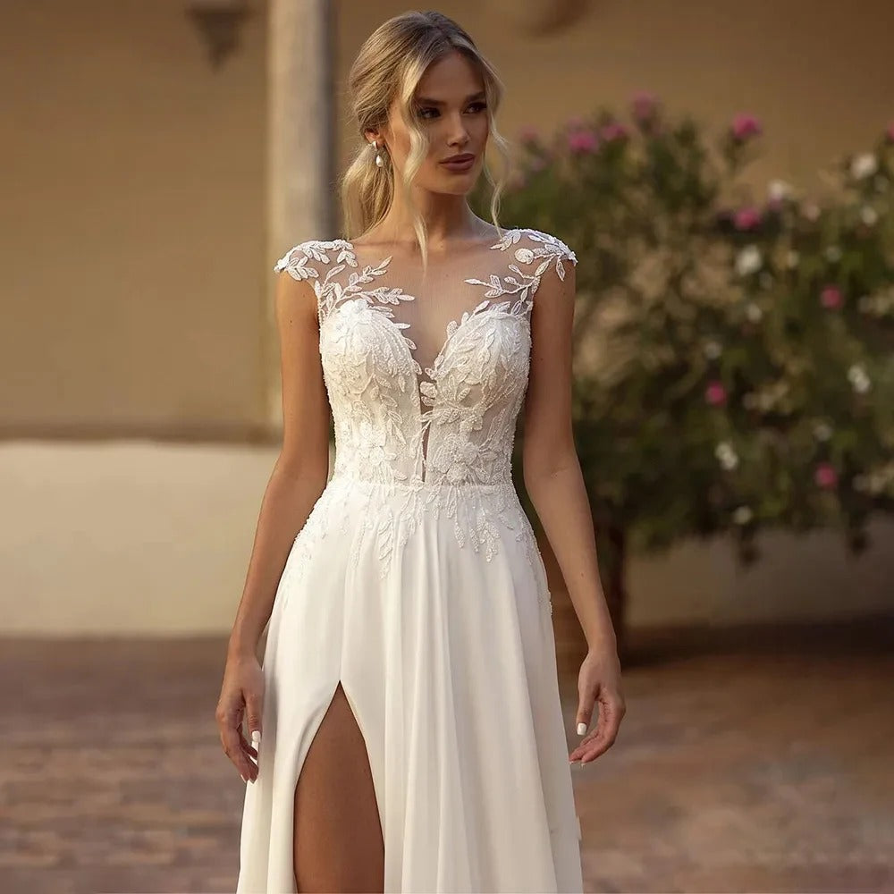 Elegant Boho Lace Wedding Dress 2024 Chiffon O-Neck Illusion Back Beach Side Split Applique Bridal Party Gown Vestidos De Novia