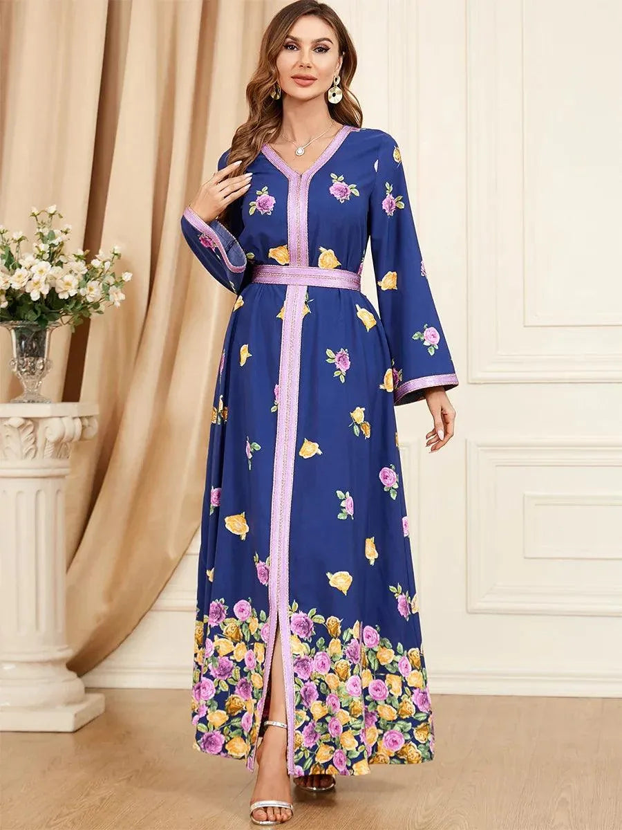 Chic Ethnic Print Abaya Dress Women Elegant Tape Trim V Neck Full Sleeve Loose Casual Belted Moroccan Dubai Jalabiya WhiteDress