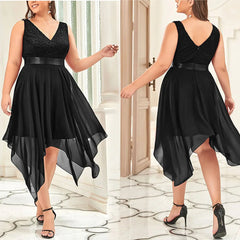 Elegant Plus Size Evening Dresses For Women 2023 Lace Patchwork Chiffon High Waist Long Dress Sexy Sleeveless Tank Prom Dress