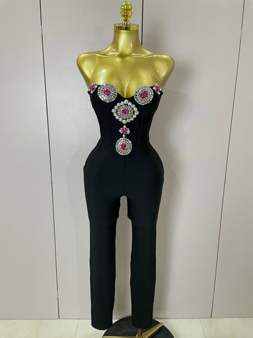 Luxury Sexy Strapless Backless Crystal Diamonds Black Bodycon Bandage Jumpsuit  Women Celebrity Designer High Street Rompers