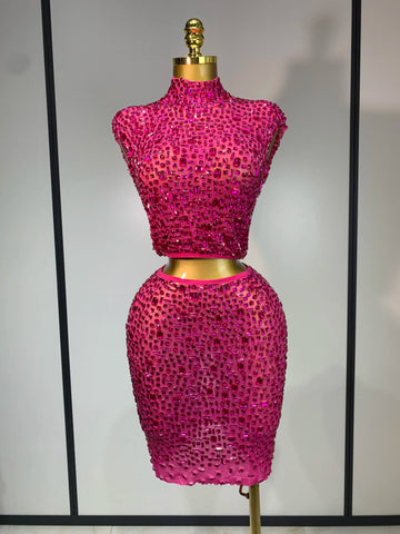 Sexy Sparkly Crystal Diamonds Mesh See Through Two Piece Set Women Elegant Evening Party Costume Singer Stage Performance Outfit