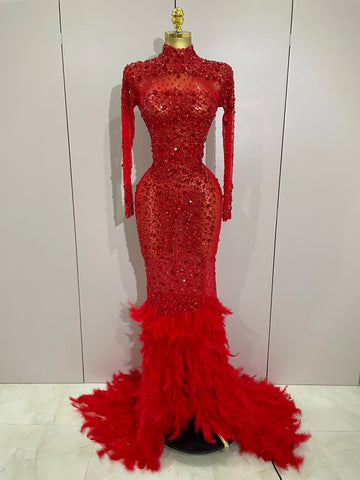 New Sparkling Red Crystals Feathers Long Sleeve Mermaid Maxi Dress Women Wedding Celebrate Luxury Birthday Party Prom Gown