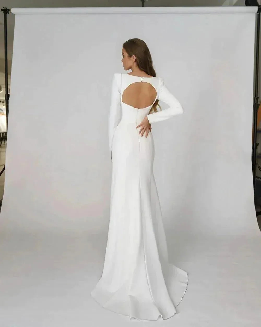 Simple Wedding Dresses Satin Mermaid Square Neck Long Sleeves Backless Bridal Gowns Elegant Robes Vestido De Noiva 14W Mermaid