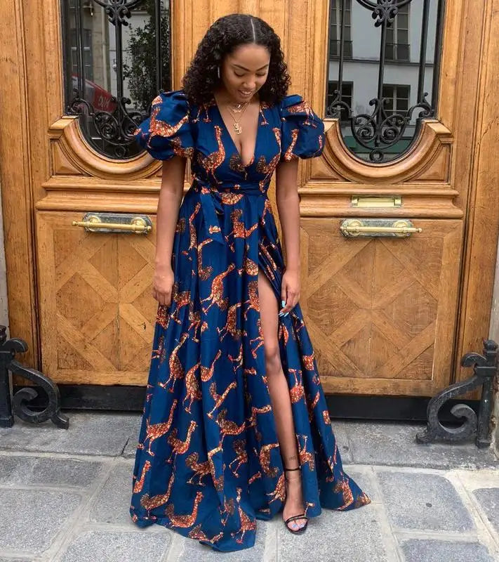 African Women Dress Dashiki Print Ankara Dresses Summer Sexy V-neck Backless High-waist Maxi Dress Kanga Clothing