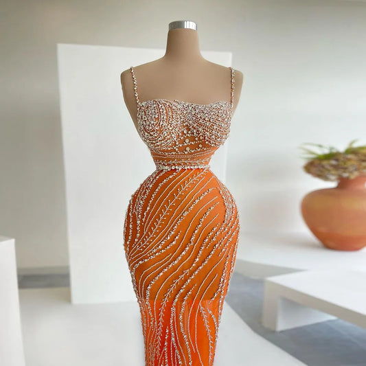 Vestido de noche de sirena con tirantes finos de color naranja, vestido de fiesta largo de lujo con cristales de Dubái para mujer, fiesta de boda 