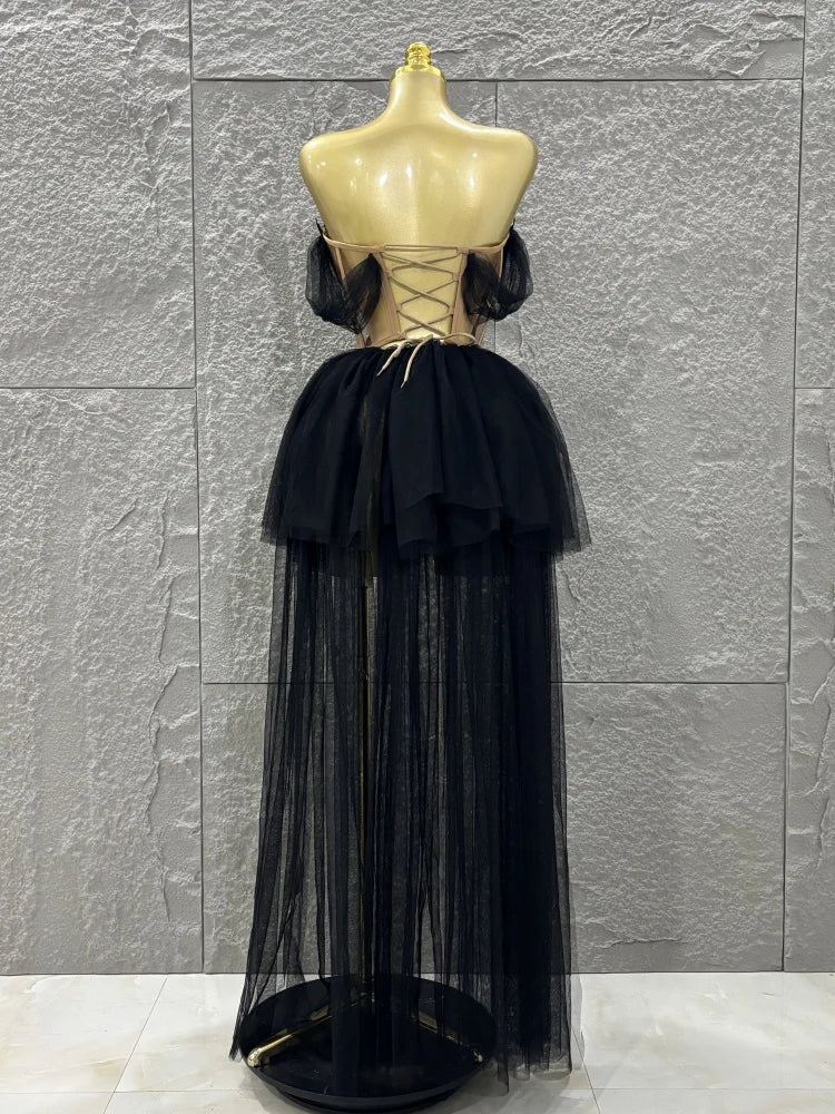 Women Sexy Strapless Laced-up Mesh 2 Pieces Long Maxi Dress Celebrate Evening Party Birthday Prom Outfit