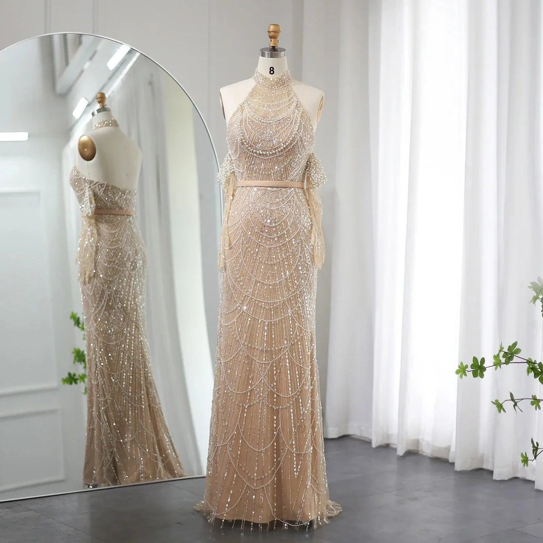 Luxury Dubai Nude Mermaid Evening Dresses with Gloves Sexy Halter Arabic Women Wedding Formal Party Gowns Evening Dress