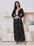 Dubai Black Fashion Gold Stamping Elegant Dress With Sashes Chic Diamonds Long Sleeve V-Neck Jalabiyat Turkish Clothing Black Dress