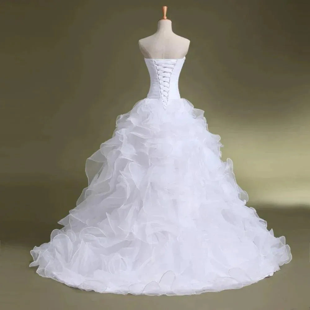 Tiered Tulle A-line Wedding Dress Lace-up Adjustable Back Sweetheart Strapless Pleated Bridal Bride Dresses