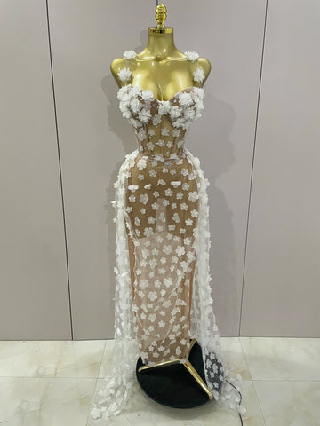 Sexy Mesh See Through Flowers Backless Long Dress  Women Elegant Party Wedding Celebrate Evening Gown Prom Hotwife Outfit