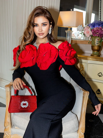 Winter Women Long Sleeve Red Florals Bodycon Long Bandage Dress Celebrate Evening Party Birthday Fashion Dress