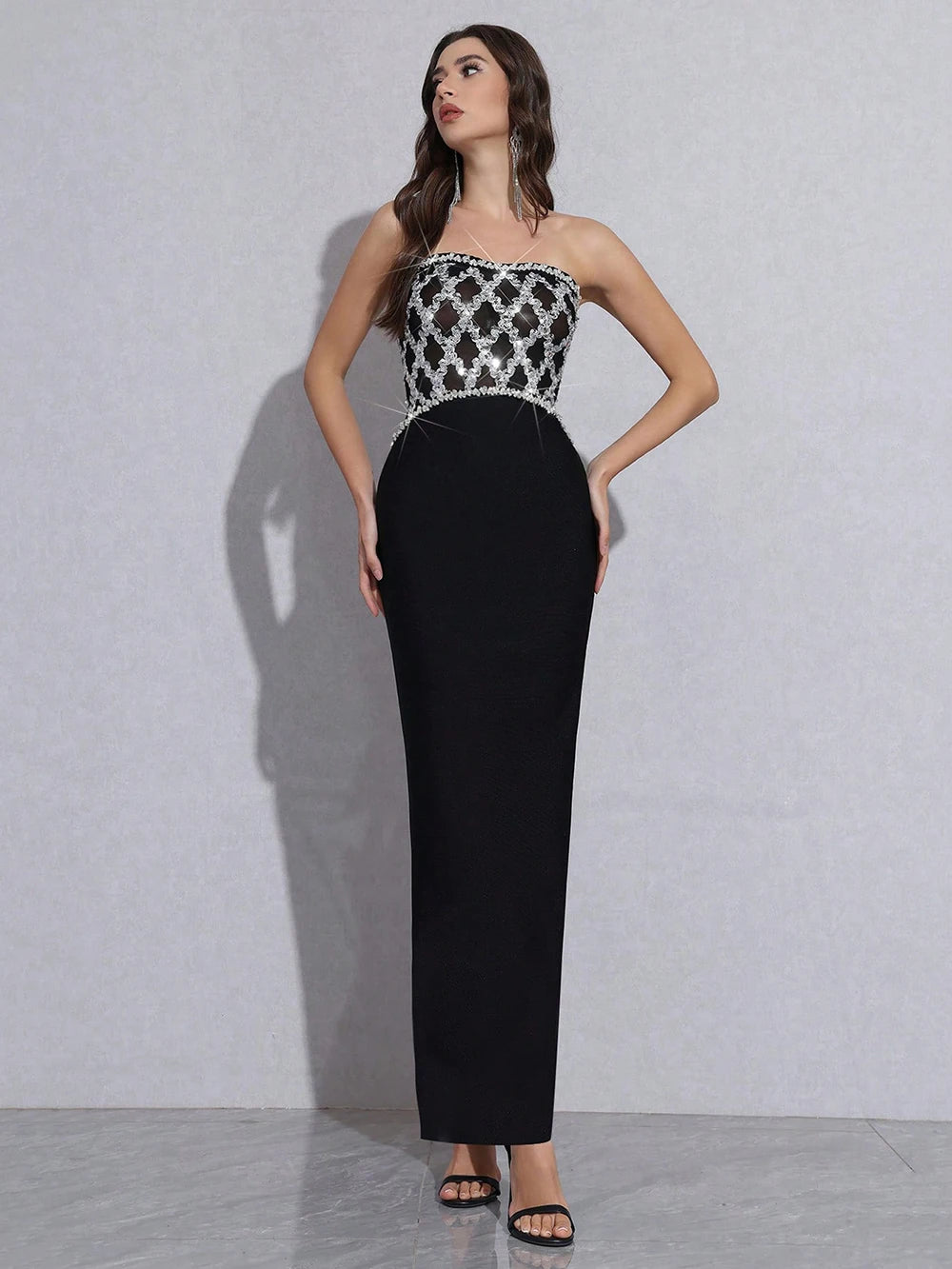 Sexy Strapless Diamond Sequin mesh Patchwork Bodycon Bandage Long Dress Women Fashion Celebrate Evening Party Gowns