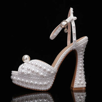 Sandale gladiator de damă cu toc gros și mărgele, perle luxoase, platformă, tocuri înalte de 14 cm, pantofi la modă pentru banchet și nuntă