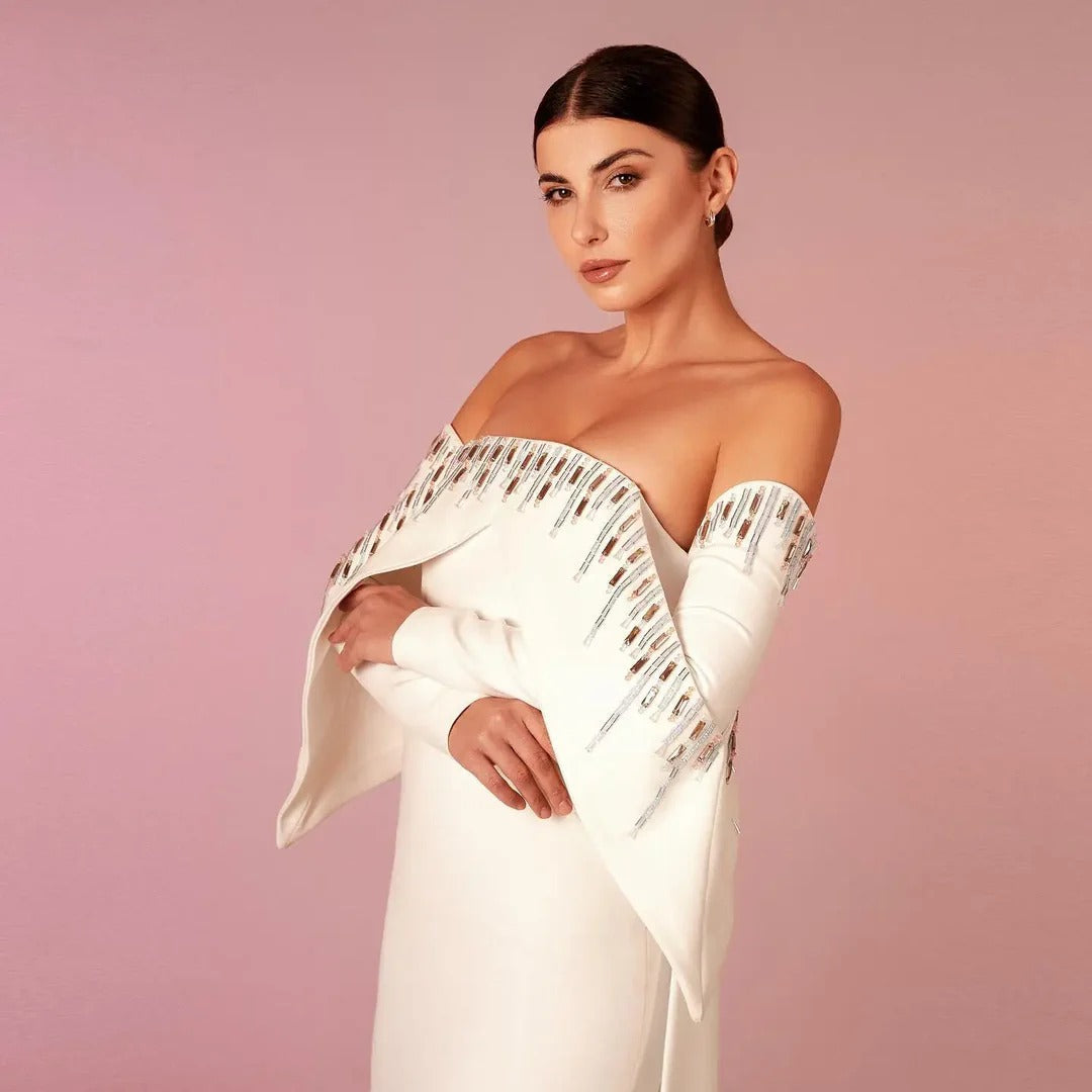 Elegant Off White Mermaid Dubai Evening Dress with Cape Long Sleeves Off Shoulder Arabic Wedding Party Gowns