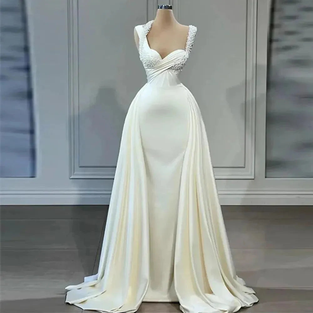 Simple Elegant Wedding Dresses For Woman Square Neck Satin Bridal Gown Sweep Train For Women Custom Made To Measure White Satin