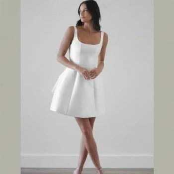 Short Mini Satin Wedding Dress Square Collar Removable Bow Robe De Mariee Spaghetti Straps Backless A-line Bride Party