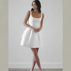 Short Mini Satin Wedding Dress Square Collar Removable Bow Robe De Mariee Spaghetti Straps Backless A-line Bride Party