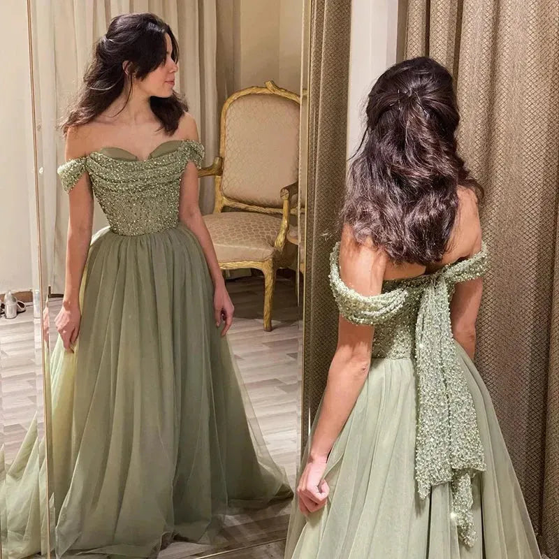 Elegant Off Shoulder Sage Evening Dresses for Women Wedding Guest Luxury Beaded Arabic Long Formal Party Gown Evening Dress
