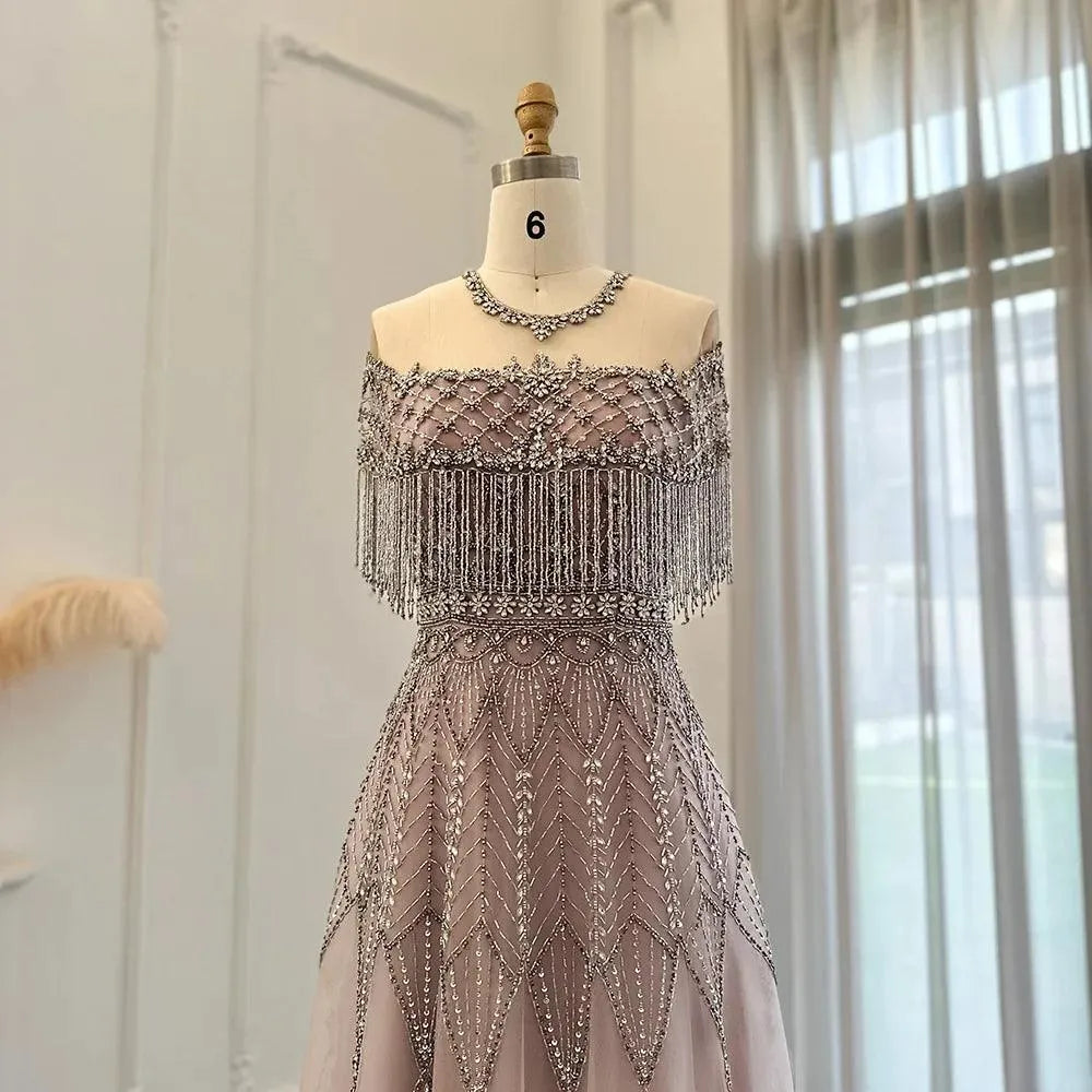 Luxury Tassel Heavy Beaded Arabic Evening Dresses for Women Wedding Party Elegant Long Formal Gowns Pale Pink Evening Dress